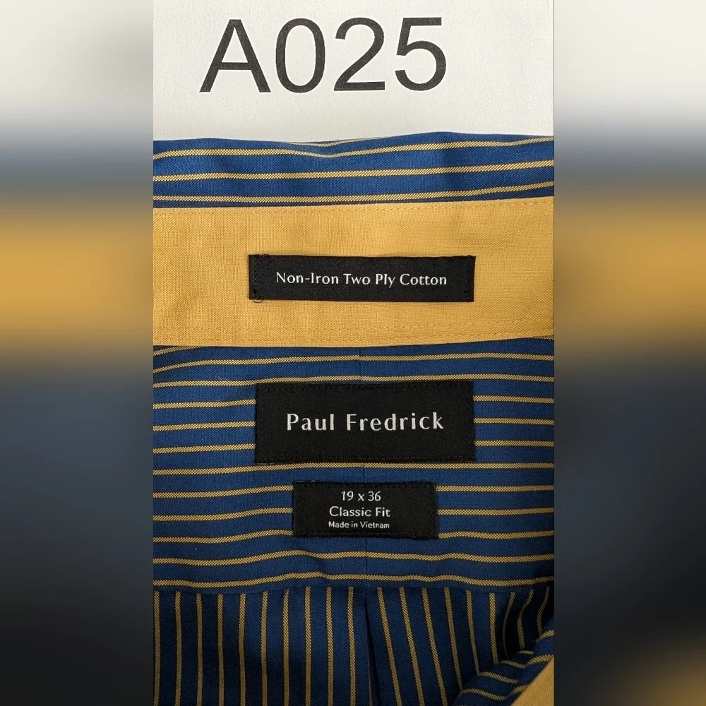 Paul Fredrick Non Iron Two Ply Cotton Blue Yellow Classic Fit Shirt Sz 19x36